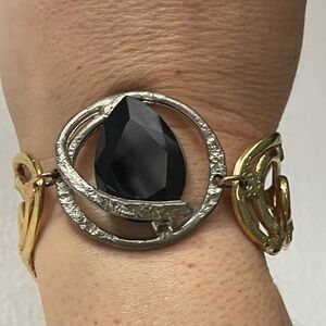 Black and Gold Statement Bracelet with Faceted  black onyx stone. Handmade